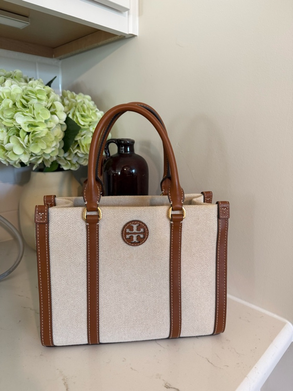 Tory Burch Beige Canvas Purse with Brown Leather Trim